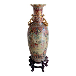 Monumental 50.5" Chinese Export Royal Satsuma-Style Palace Floor Vase With Wooden Stand For Sale