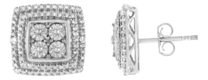 .925 Sterling Silver Diamond Accented Square Shaped Milgrain Stud Earrings