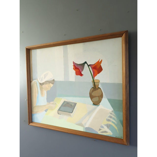 1953 Mid-Century Modern 'Figure and Flowers' Vintage Swedish Interior Figurative Oil Painting, Framed For Sale - Image 4 of 10