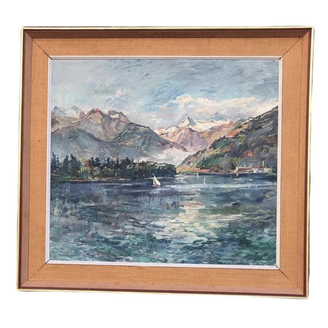 Lake Geneva, Mont Blanc Mountain Large Signed Oil Painting, Circa 1950 104 x 95 cms Cannot work out the signature, a very...