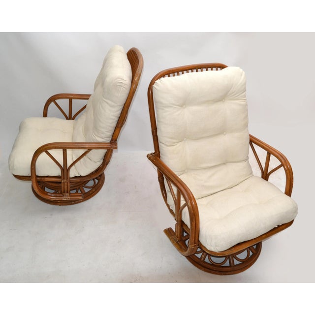 Mid-Century Modern Vintage Bamboo & Wicker High Back Lounge Chair Beige Linen Upholstery - Pair For Sale - Image 3 of 13