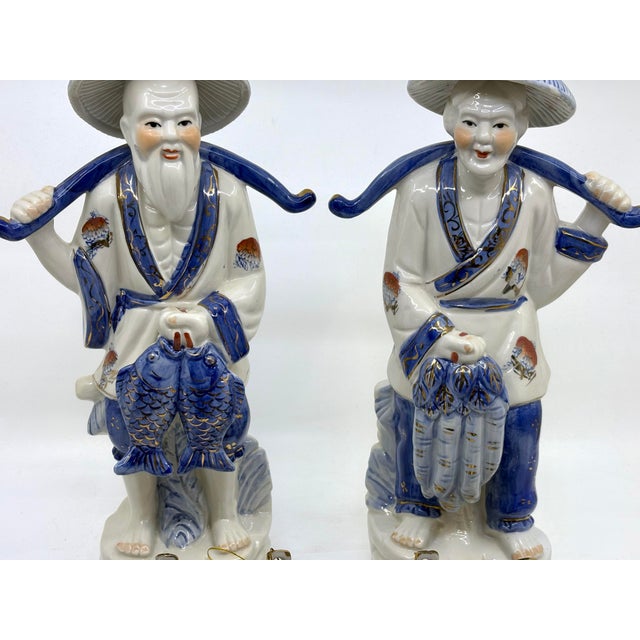 Blue and White Asian Man and Woman Fishing Statues- A Set For Sale - Image 9 of 12