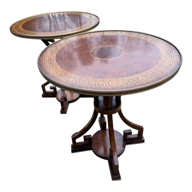 Pair of Burlwood Greek Key Side Tables With Custom Glass Tops For Sale