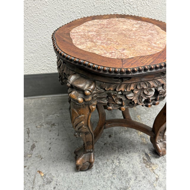 Wood Antique Chinese Carved Rosewood + Marble Plant Stand For Sale - Image 7 of 12