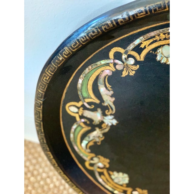 19th Century Black Paper Mache VictorianTray With Mother of Pearl Inlay For Sale In Kansas City - Image 6 of 7