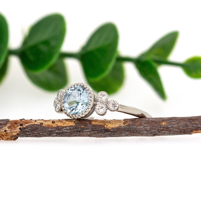 Brazilian Aquamarine and Natural Diamond Ring in 14k Solid Gold | Round 6.5mm, Size 6.75 For Sale - Image 4 of 7