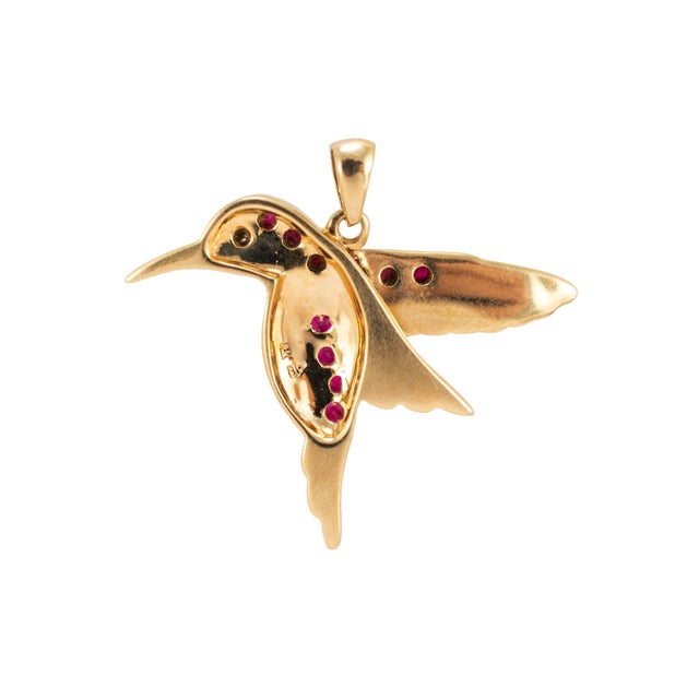 Vintage 14k Yellow Gold Diamond Ruby Green Enamel Hummingbird Drop Pendant For Sale In Houston - Image 6 of 8