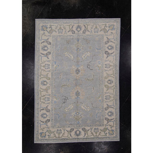 Turkish Oushak Rug Soft Blue & Beige Floral Handwoven Wool Rug 6'4" X 9'1" For Sale - Image 10 of 10