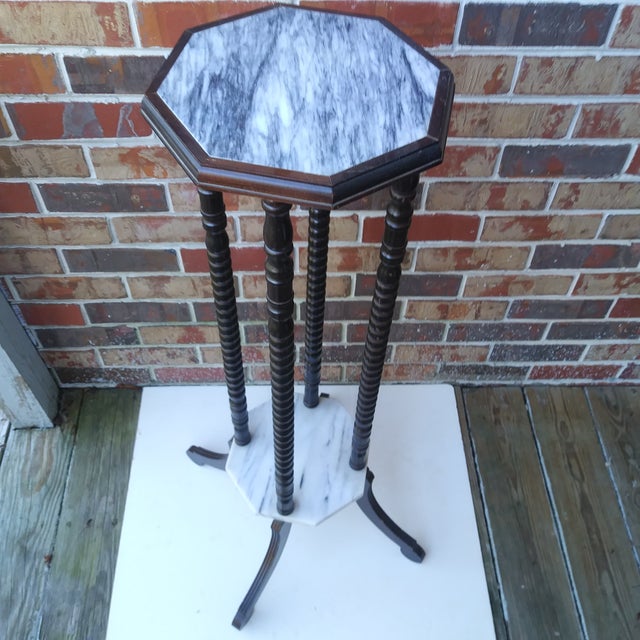 Mid Century Mahogany and Marble Two Shelf Plant Stand With Vetreria Operaia Lux Italian Vase For Sale - Image 6 of 18