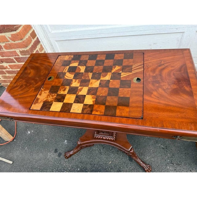 Vintage Emprire Style Flame Mahogany Inlaid Chessboard Top Game Table For Sale - Image 10 of 17