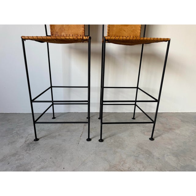 Black Pair of Vintage Spanish Style Wrought Iron & Leather Barstools For Sale - Image 8 of 11
