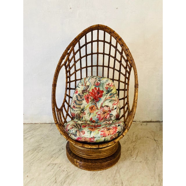 Vintage Faux Tortoise Rattan Swivel Egg Chair With Custom Cushion For Sale - Image 4 of 8