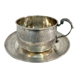 Antique French .950 Sterling Silver Chocolate Cup & Trembleuse Saucer, Minerva Hallmarks, Louis XVI Style
