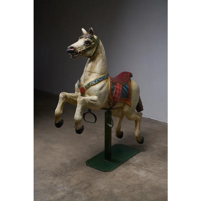 1920s Antique Hand-Painted Wooden Carousel Horse with Saddle, 1920s For Sale - Image 5 of 12