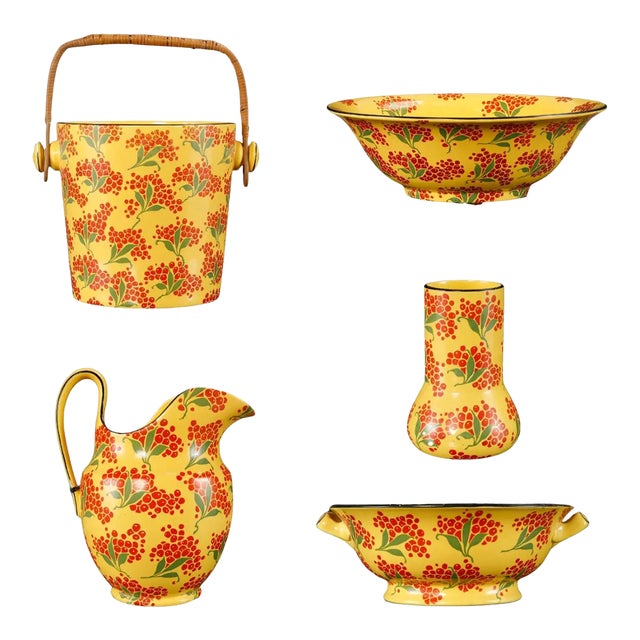 Vintage Enamelware Five-Piece Wash Set in Yellow With Red Berry Motif, C 1950s For Sale