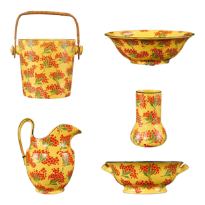 Vintage Enamelware Five-Piece Wash Set in Yellow With Red Berry Motif, C 1950s