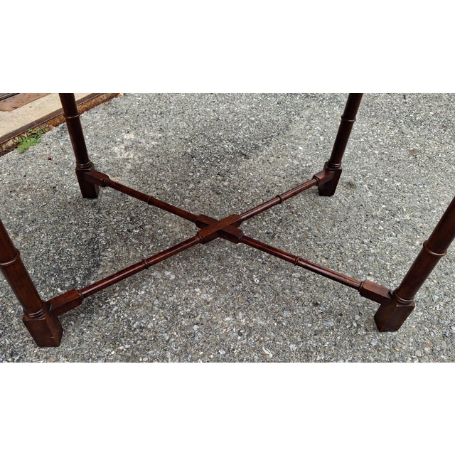 Pair Thomasville Chinese Chippendale Crossbanded Mahogany Faux Bamboo Side Tables For Sale - Image 12 of 12