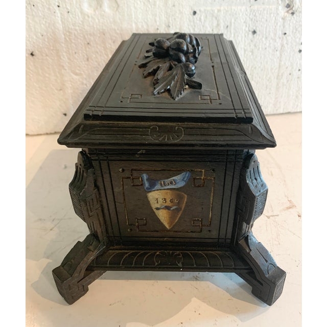 19th Century Carved Black Wood Jewelry Box with Polychrome Decoration For Sale - Image 3 of 13