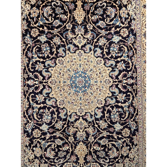 Vintage Fine Persian Nain Habibian Area Rug, Hand-Knotted Wool & Silk, Floral Pattern, 5x8, Navy & Ivory For Sale In Chicago - Image 6 of 12
