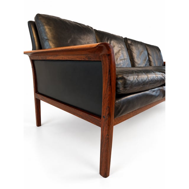 1960s Rosewood and Black Leather Sofa Attributed to Hans Olson For Sale - Image 12 of 14