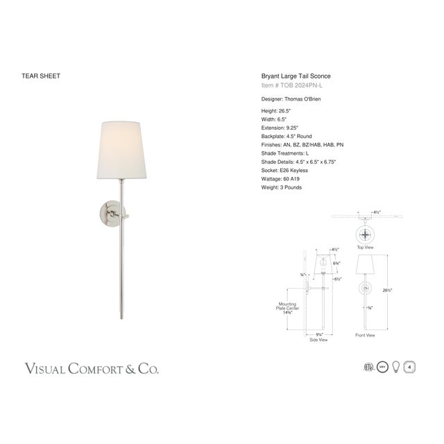 Modern Thomas O'Brien for Visual Comfort Signature Bryant Large Tail Sconce in Polished Nickel with Linen Shade For Sale - Image 3 of 5