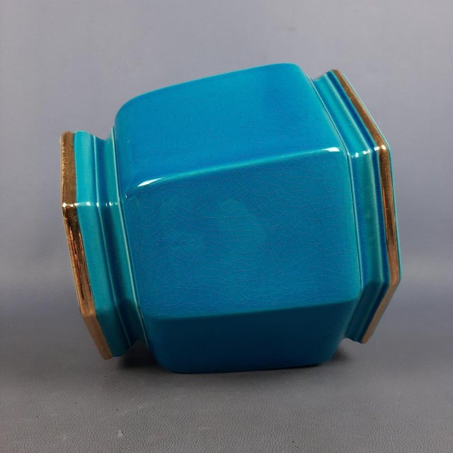 Gold Vintage Octagonal Ceramic Vase in Turquoise Gold Crackle SC3 N.849, Italy, 1950s For Sale - Image 8 of 14