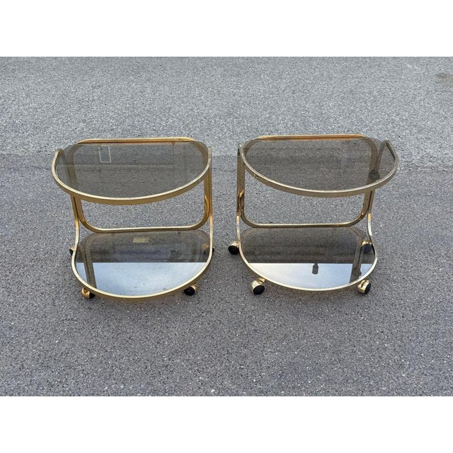 German Brass Rollable Nightstands with Toned Glass Shelves, 1970s, Set of 2 For Sale - Image 3 of 9