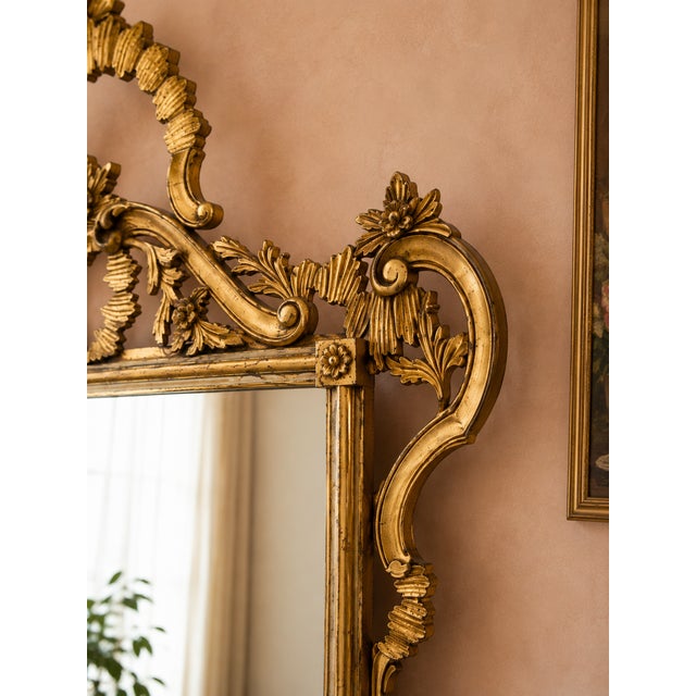 1970s 1975 Italian Hollywood Regency Giltwood Wall Mirror | Hand-Carved Gold Frame | 54” Tall For Sale - Image 5 of 6