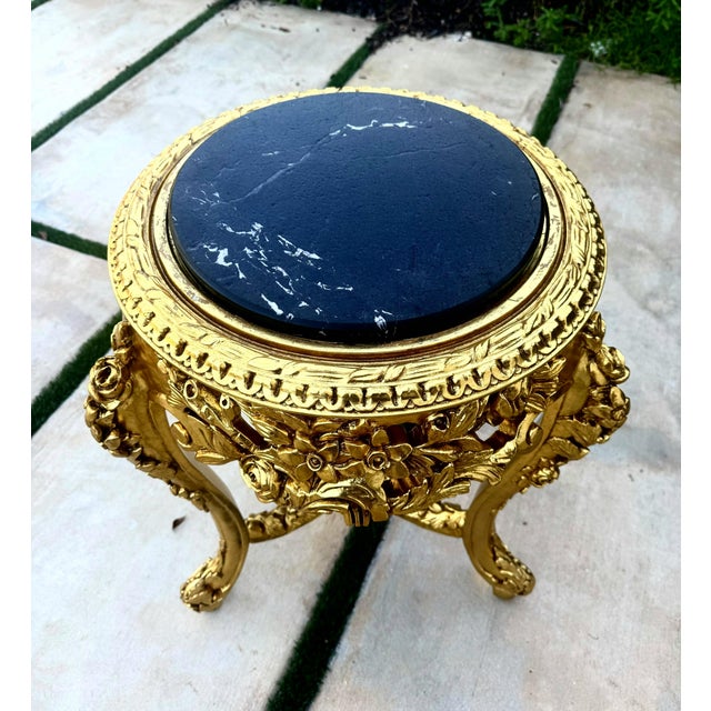 Stone French-Style Gilded Side Table – Black Marble Top With Gold Leaf Floral Details For Sale - Image 7 of 8