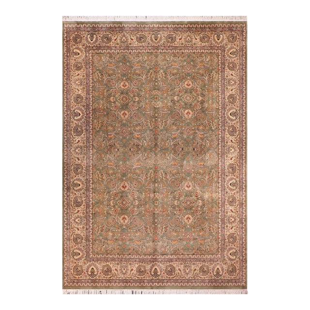 Shabby Chic 1990's Floral Pak-Persian Green/Ivory Wool Rug - 9'0'' X 12'2'' For Sale