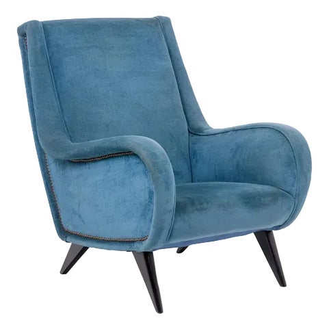 Blue Velvet Armchair with Beech Base, 1950s For Sale