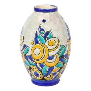 Art Deco Cubic Floral Ceramic Vase by Charles Catteau for Boch Freres Keramis