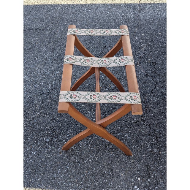 Vintage wooden folding luggage rack. Pretty traditional style base with Tan and green straps. Can also be used as a tray...