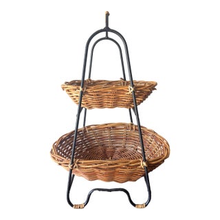Vintage Mid-Century Rattan & Iron Two-Tier Basket in the Manner of Tony Paul For Sale