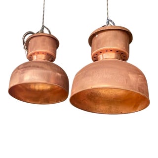 1950s Pair Large Vintage Copper Factory Pendant Lights For Sale