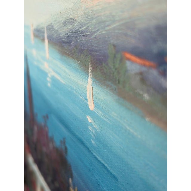 Blue Vintage Italian Lake Como Oil Painting, Large Mediterranean Villa Garden Canvas Art 36" X 24" For Sale - Image 8 of 12