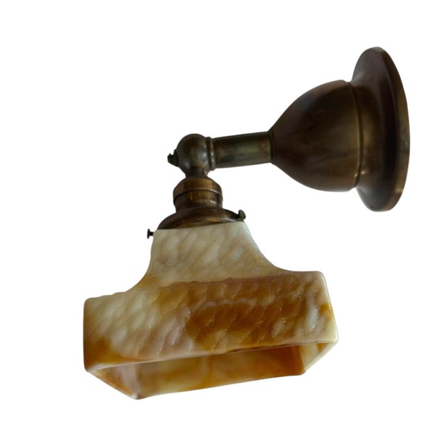 1910s Circa 1910’s Pair of Caramel Slag Glass Sconces on Brass Holders For Sale - Image 5 of 5