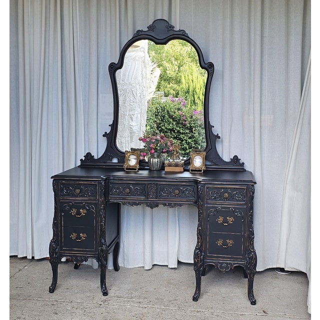 Black Vanity With Chair, 1930s Parisian, Romantic Style For Sale - Image 4 of 18