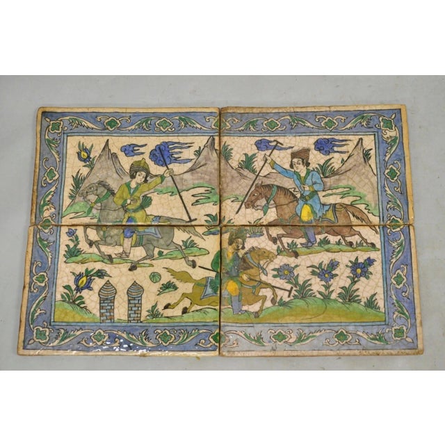 Antique Persian Iznik Qajar Style Ceramic Pottery Tile Mosaic Polo Players C7 For Sale - Image 11 of 11