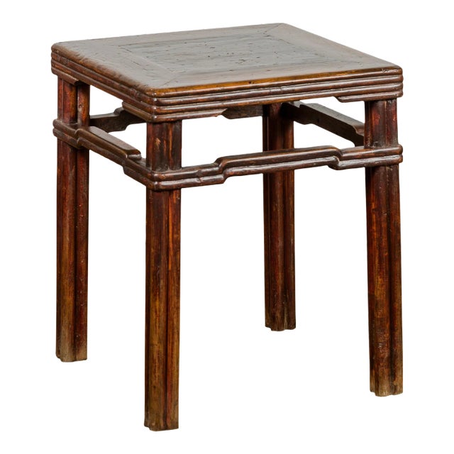 Antique Chinese Dark Brown Side Table with Reeded Humpback Stretchers For Sale