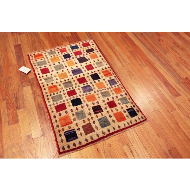 Small Vintage Persian Square Grid Gabbeh Rug, Country of Origin: Persia, Circa Date: Vintage