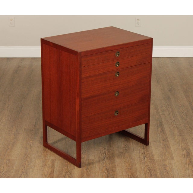 High Quality Vintage Mid Twentieth Century Danish Modern Chest With 5 Dovetailed Drawers And Recessed Brass Hardware...