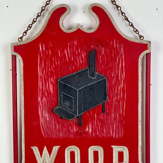 Vintage Wooden "Wood Stove's" Advertising Trade Sign in Bright Red & Black Stove For Sale - Image 4 of 8