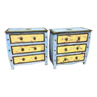 Boho Coastal Vintage Painted Chests Brass Detail - A Pair For Sale