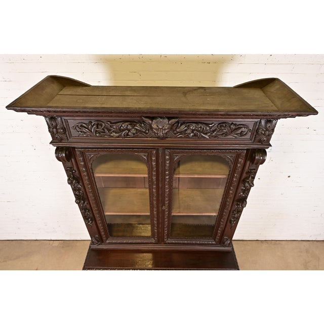 Wood Antique French Renaissance Revival Carved Oak Breakfront Bookcase or Bar Cabinet, Circa 1880s For Sale - Image 7 of 11