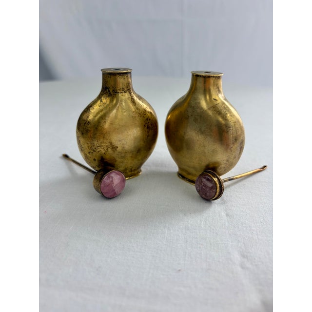 Vintage Chinese Brass Snuff Bottles With Pink Tourmaline Stoppers — Pair For Sale In Greensboro - Image 6 of 11
