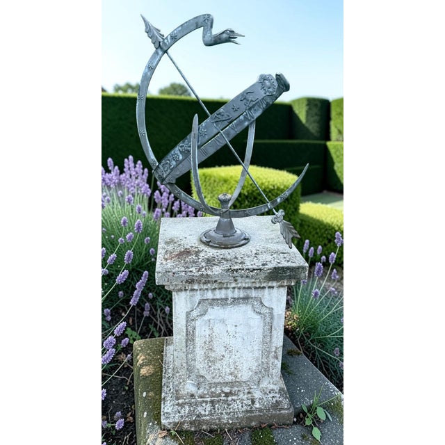 Large Antique Armillary Sundial on Classic Stone Pedestal, 1950s For Sale - Image 3 of 4