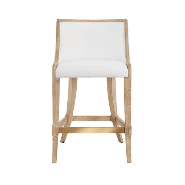 Matthew Izzo Home Keaton Cerused Oak Counter Stool With White Performance Linen Upholstered Seat and Brass Foot Fail For Sale In New York - Image 6 of 6