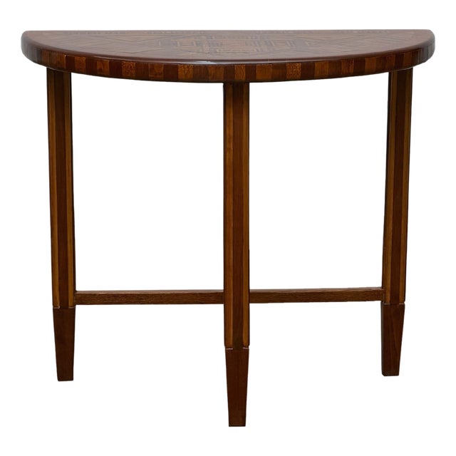 Tramp Art Demi-Lune Console Table with Geometric Marquetry, circa 1900 For Sale