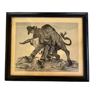 Vintage Ink Sketch Cowboy and Steer Signed Donna 78’ For Sale